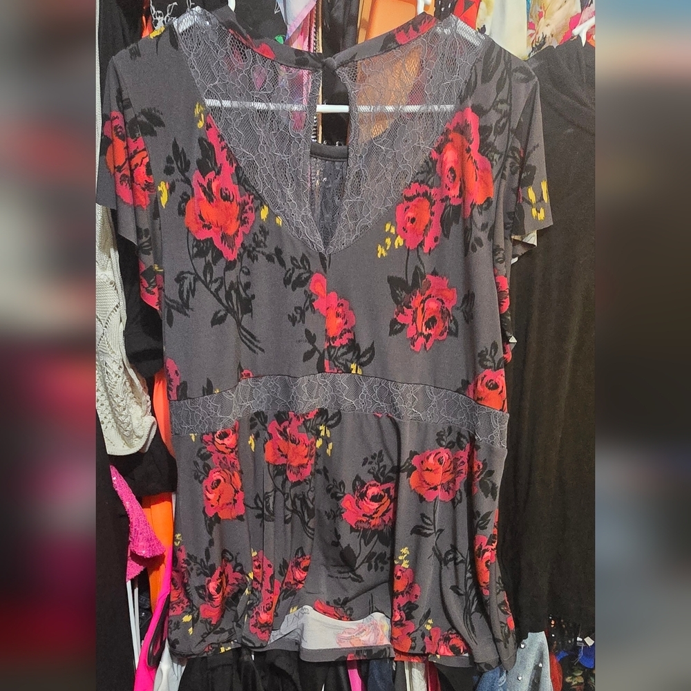 ❄️❄️ NWOT TORRID 2X Studio Knit Crew Neck Lace Inset Short Sleeve Peplum Top - Picture 4 of 5